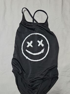 Girls' Black One-Piece Swimsuit with White Smiley Face Graphic